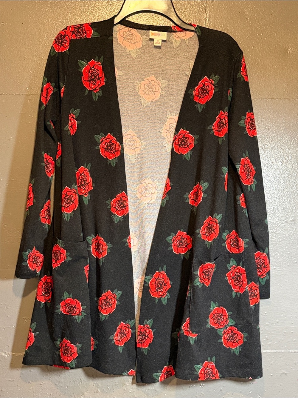 LuLaRoe Black Cardigan with Red Rose Print